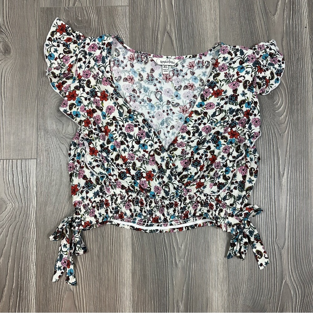 Speechless Floral Crop Top with Flutter Sleeves & Smocked Waist Festival Boho XL